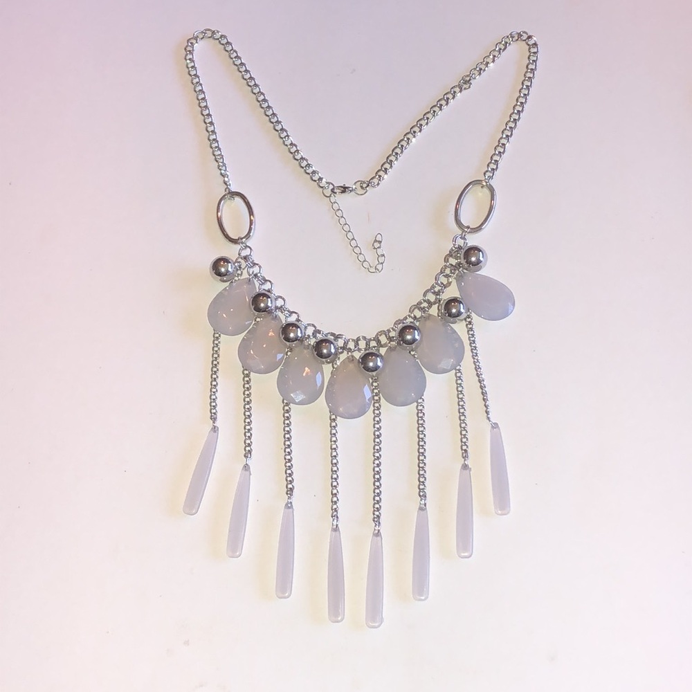 Silver Tone Gray Teardrop Boho Fringe Necklace